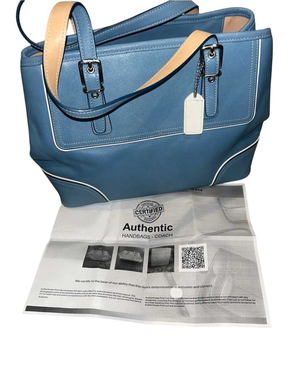 Coach Hampton Blue Leather Tote with Cream Trim with COA